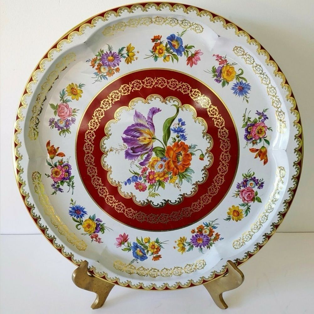 Vintage Daher Decorated Ware Floral and gold aluminum round serving tray